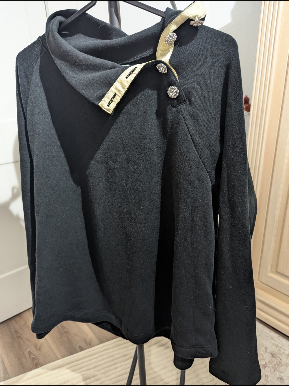 J. Crew Black Pullover Top with Gold Accent and Rhinestone Buttons New With Tag